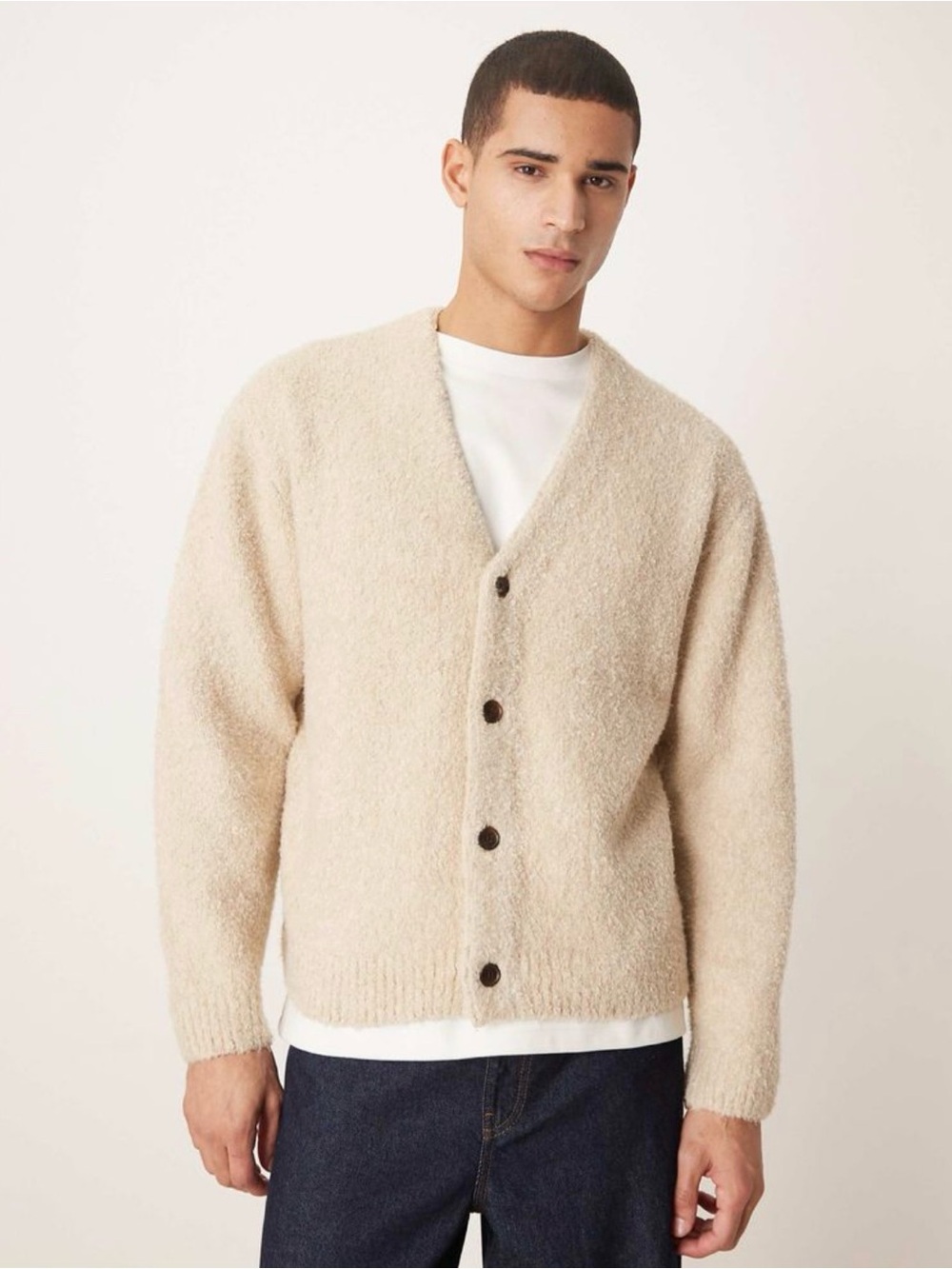 Men's Cream Button-Up Bouclé Cardigan Sweater